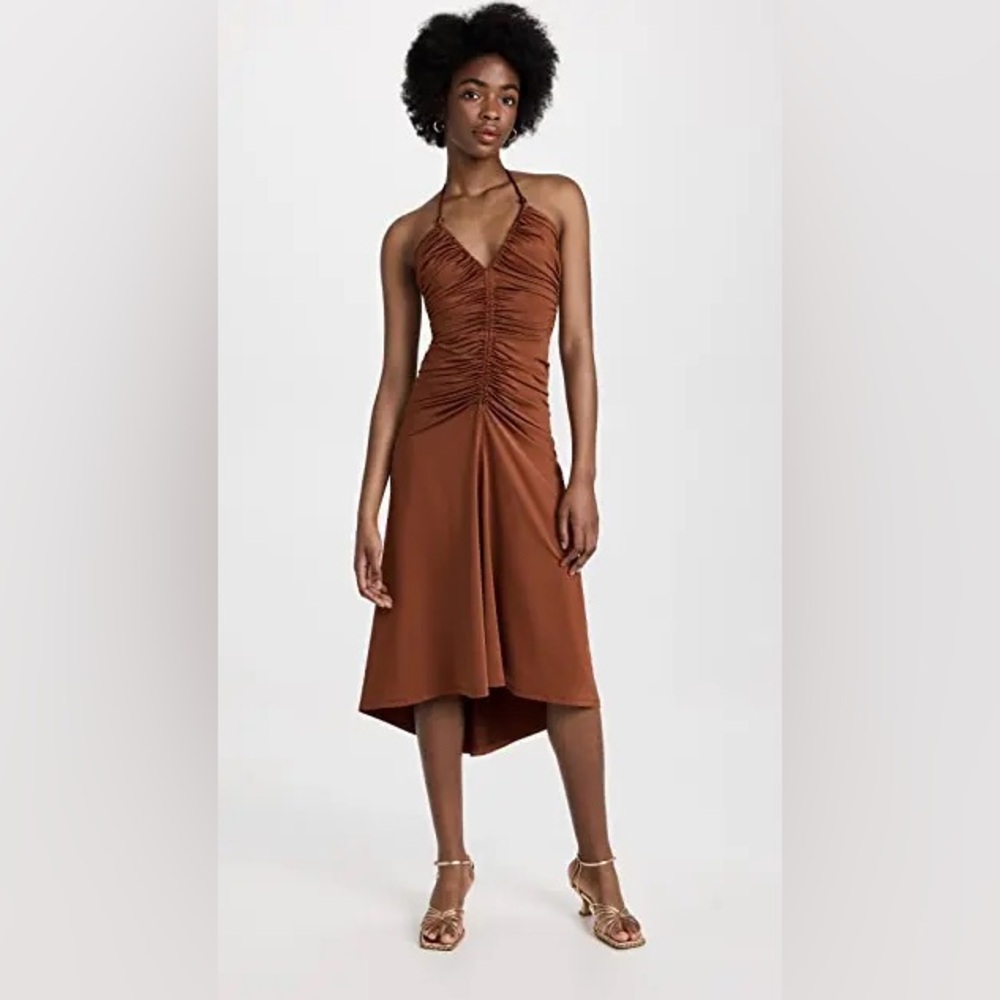 VERONICA BEARD Saskia Satin Ruched Halter Dress Golden Brown (MSRP $498)